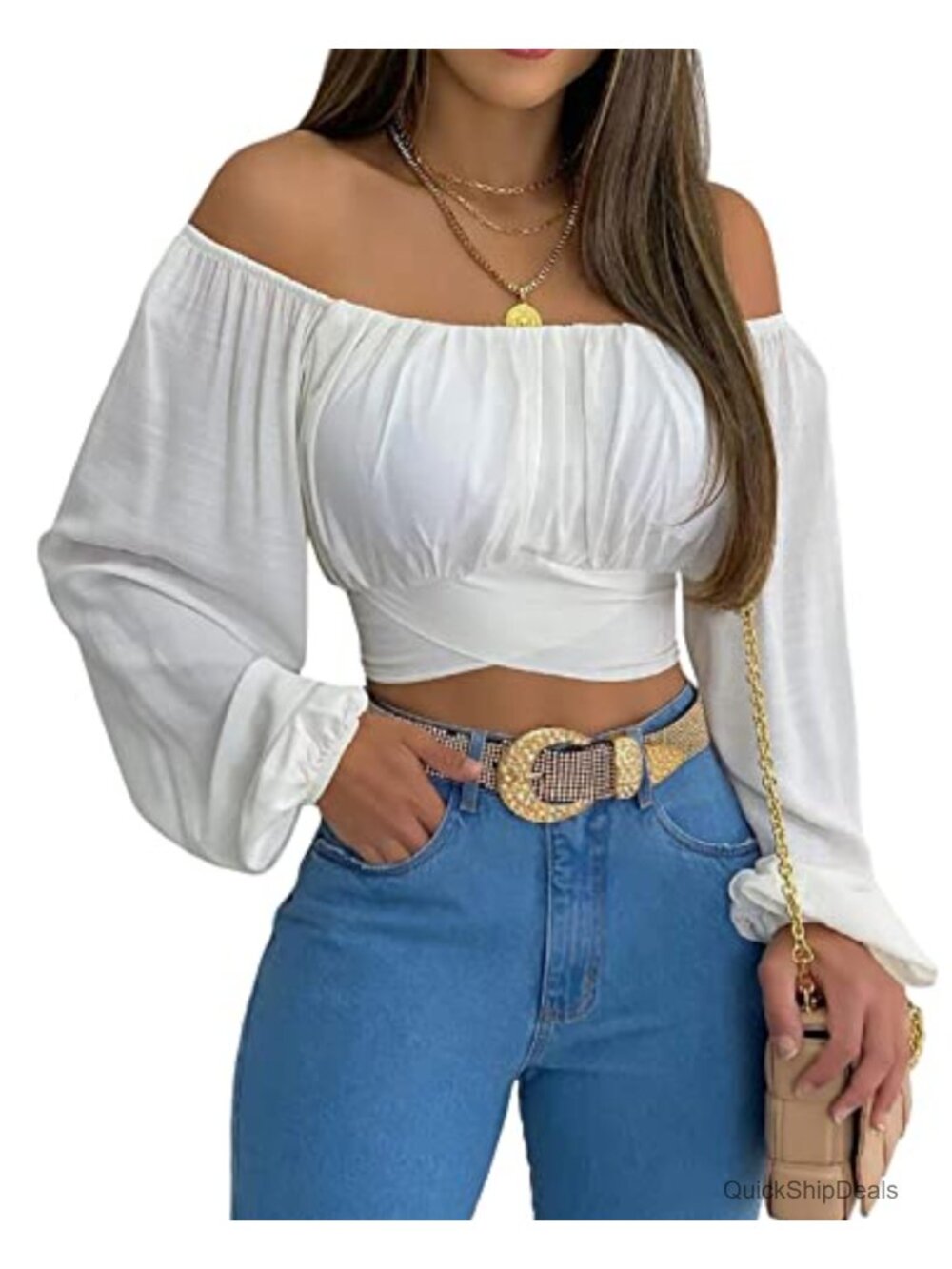 Off Shoulder Ruched Crop Top Lantern Sleeve Tie Back Blouse